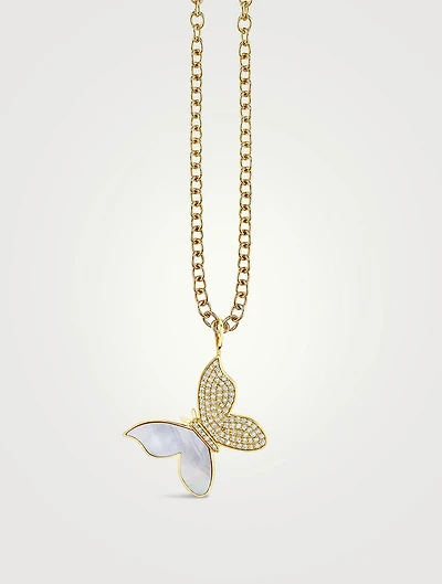 Large 14K Gold Butterfly Necklace With Pink Mother of Pearl And Diamonds