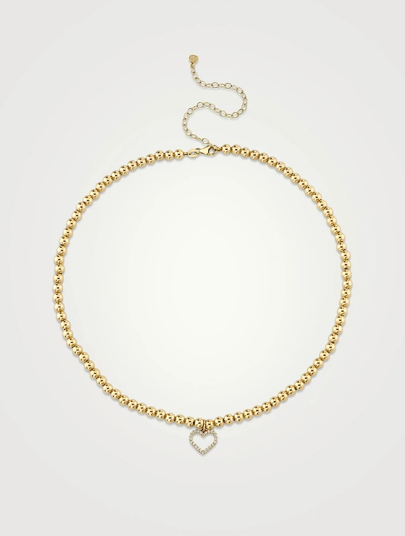 14K Gold Beaded Choker With Open Heart And Pavé Diamonds