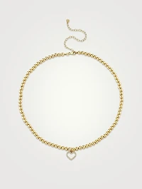 14K Gold Beaded Choker With Open Heart And Pavé Diamonds