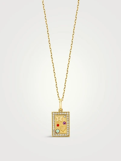 14K Gold Iconography Rectangle Charm Necklace With Diamonds