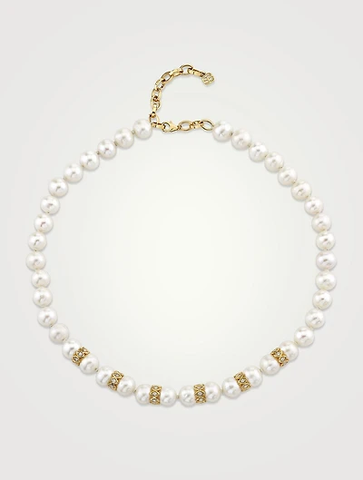 Pearl Necklace With 14K Gold Marquise-Eye Rondelles And Diamonds