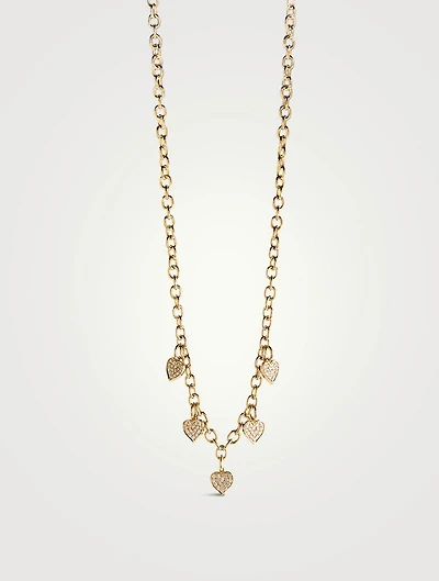 14K Gold Heart Charm Necklace With Pavé Diamonds