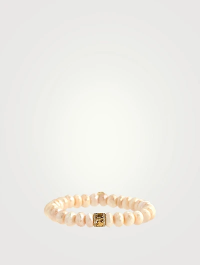 Cream Moonstone Beaded Bracelet With 14K Gold Diamond Lucky Rondelle
