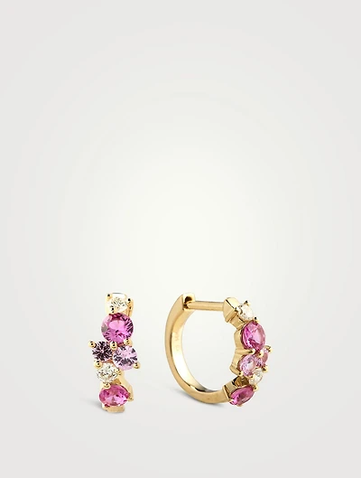 14K Gold Pink Sapphire And Diamond Cocktail Huggie Hoop Earrings