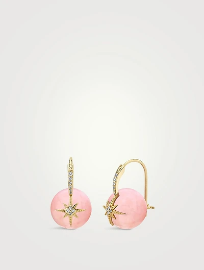 14K Gold Pink Opal Starburst Bead Earrings With Pavé Diamonds