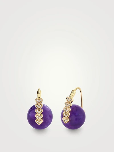 14K Gold Tiny Hearts Amethyst Bead Earrings With Diamonds