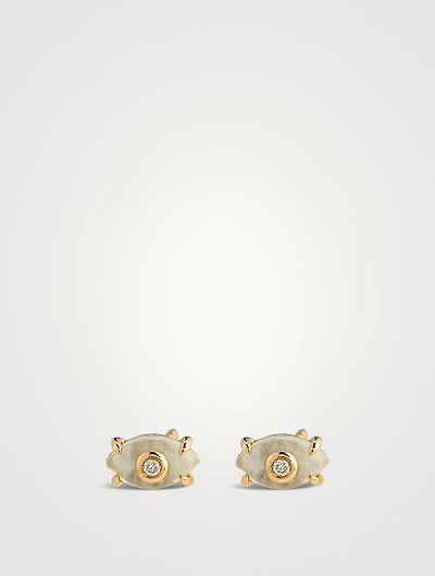 14K Gold Tiny Carved Stone Bezel Evil Eye Stud Earrings With Diamonds
