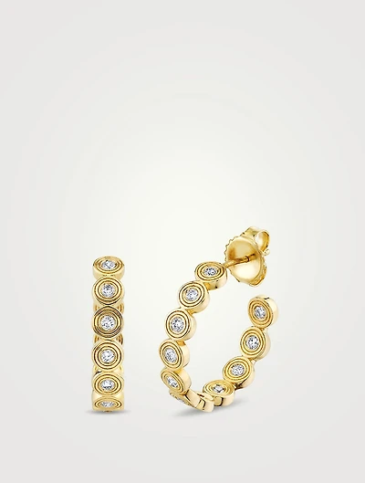 Medium 14K Gold Fluted Circle Hoop Earrings With Diamonds