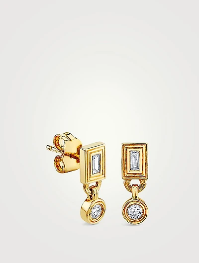 14K Gold Fluted Baguette Stud And Round Drop Earrings With Diamonds