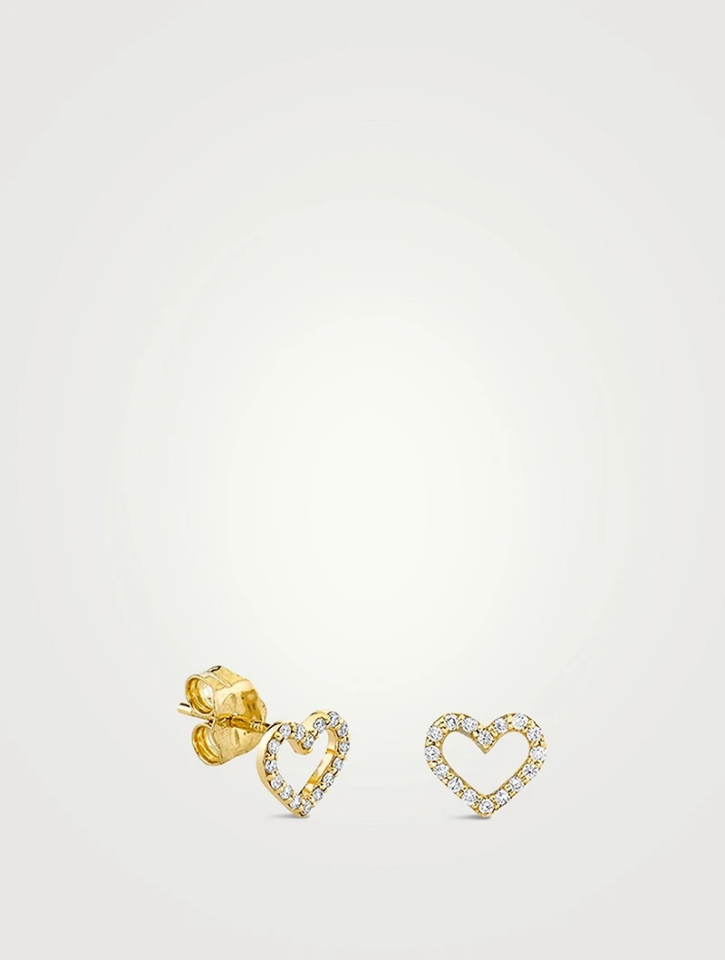 Small 14K Gold Open Heart Earrings With Diamonds