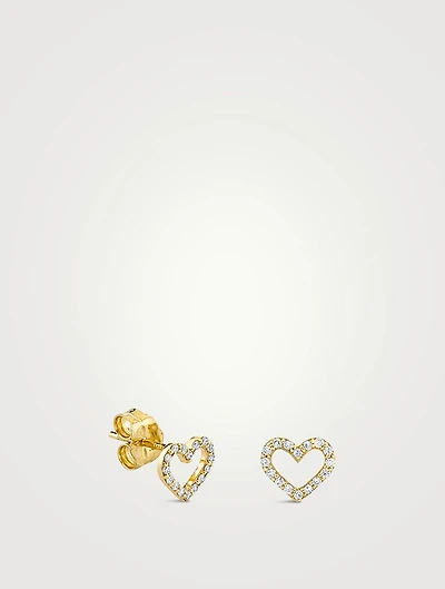 Small 14K Gold Open Heart Earrings With Diamonds
