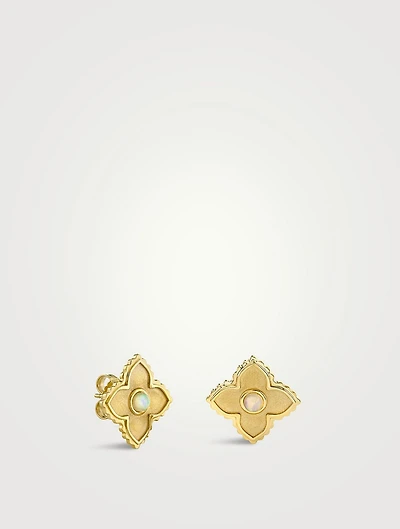 14K Gold Large Bezel Satin Moroccan Stud Earrings With Opal