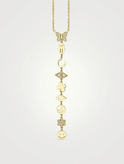 14K Gold Icons Lariat Necklace With Pavé Diamonds