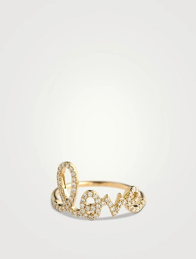 Large 14K Gold Love Script Ring With Diamonds