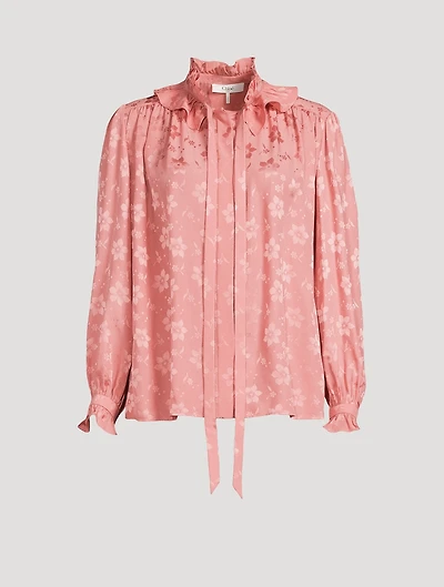 Floral Jacquard Silk Tie-Neck Blouse