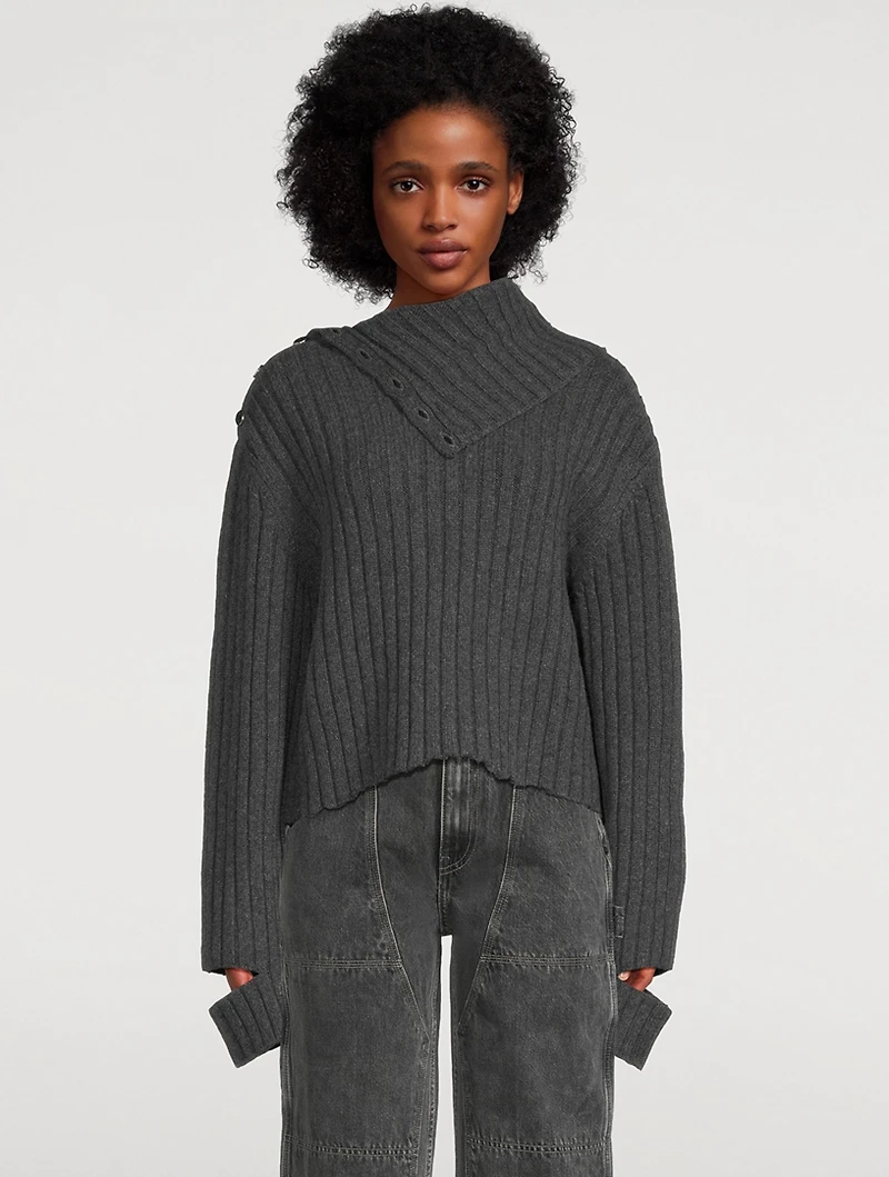 Distressed Rib-Knit Turtleneck