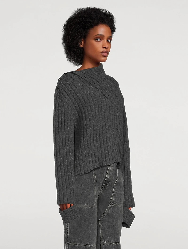 Distressed Rib-Knit Turtleneck