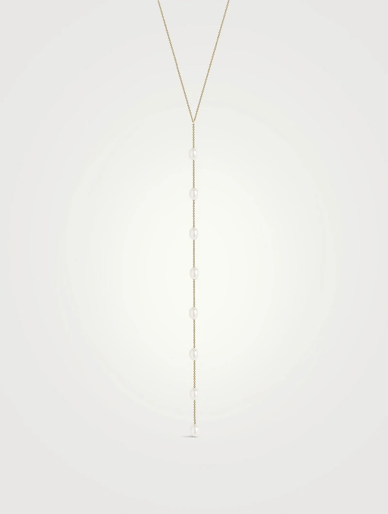 14K Gold Long Lariat Necklace With Pearls