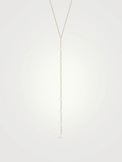 14K Gold Long Lariat Necklace With Pearls