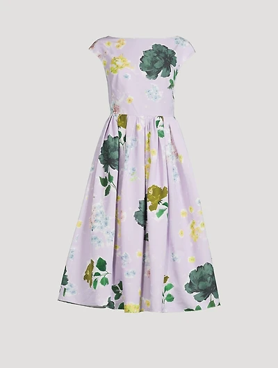 Boat Neck Full Skirt Midi Dress Floral Print