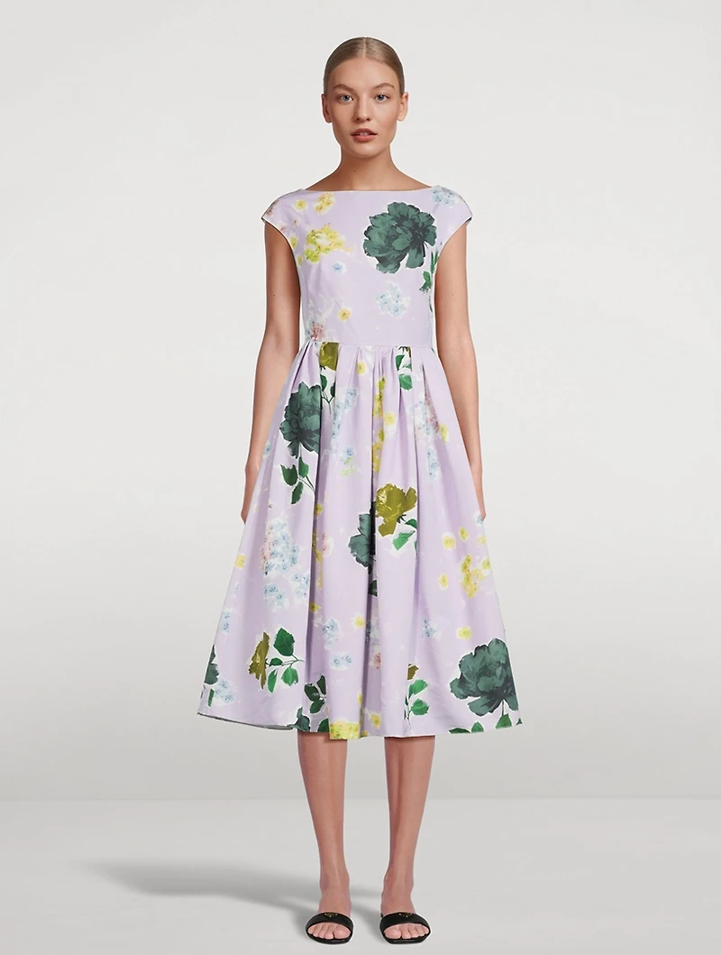 Boat Neck Full Skirt Midi Dress Floral Print