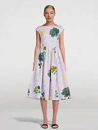 Boat Neck Full Skirt Midi Dress Floral Print