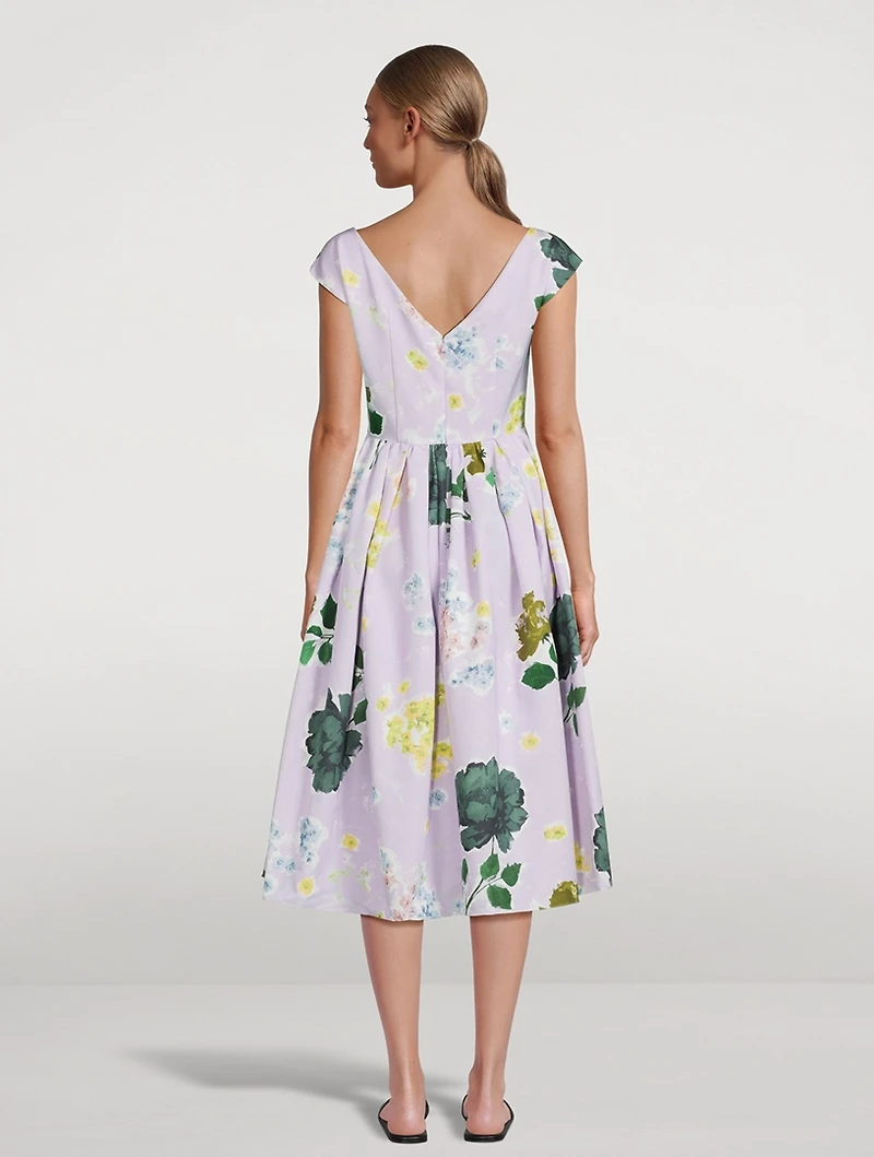 Boat Neck Full Skirt Midi Dress Floral Print