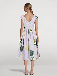 Boat Neck Full Skirt Midi Dress Floral Print
