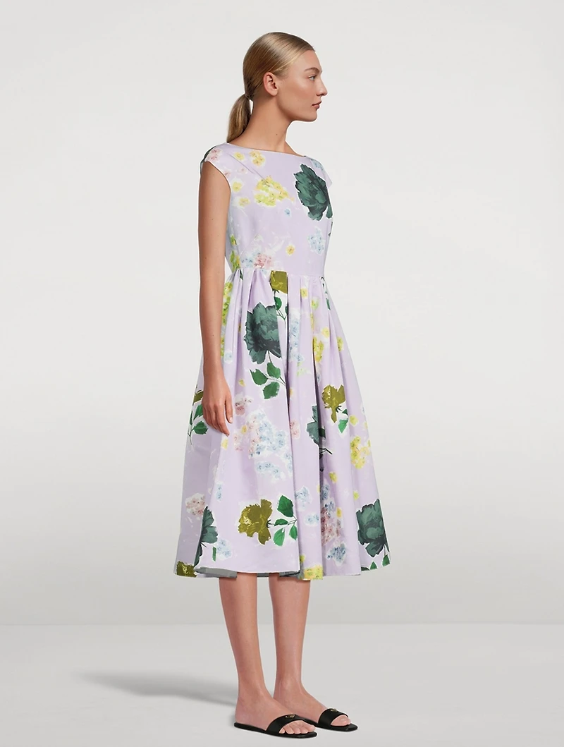 Boat Neck Full Skirt Midi Dress Floral Print