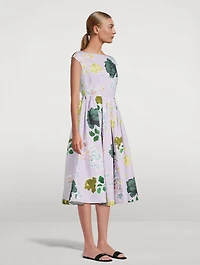 Boat Neck Full Skirt Midi Dress Floral Print