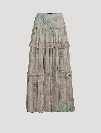 Ruffled Silk Maxi Skirt Paisley Print