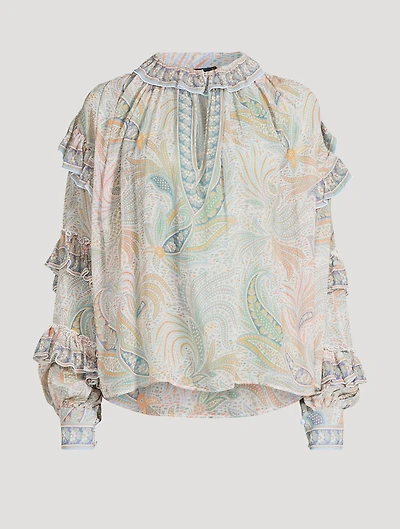 Ruffled Silk Blouse Paisley Print