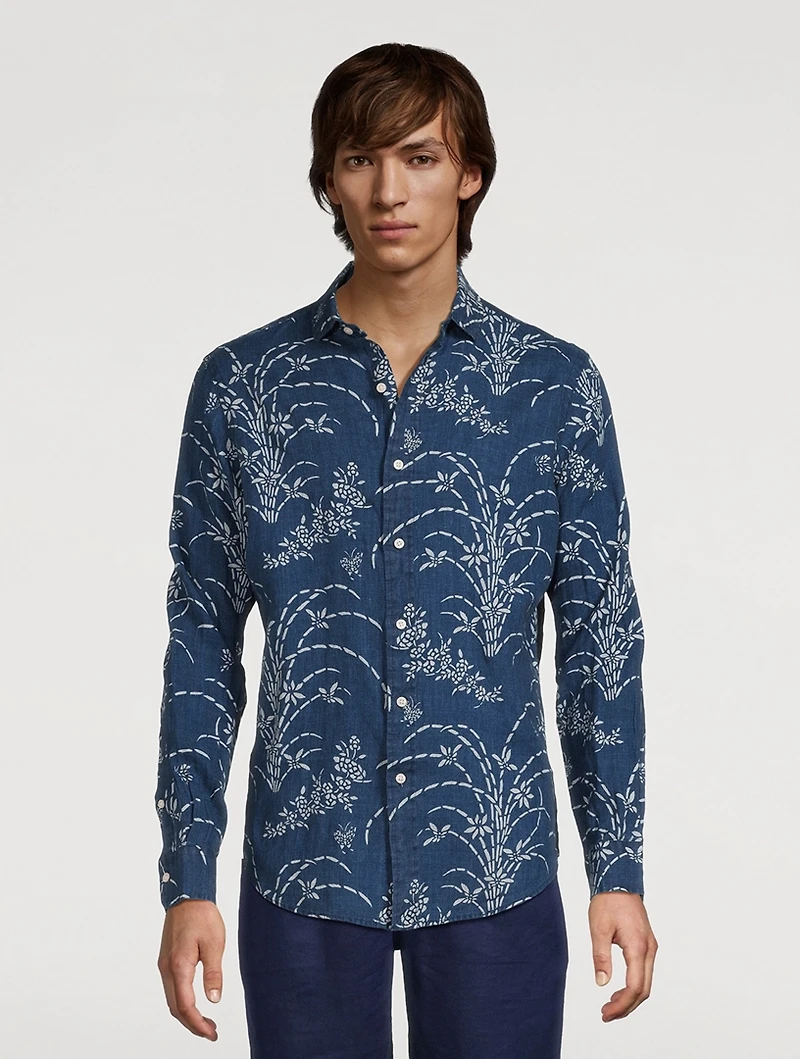 Indigo Floral Linen Long-Sleeve Shirt