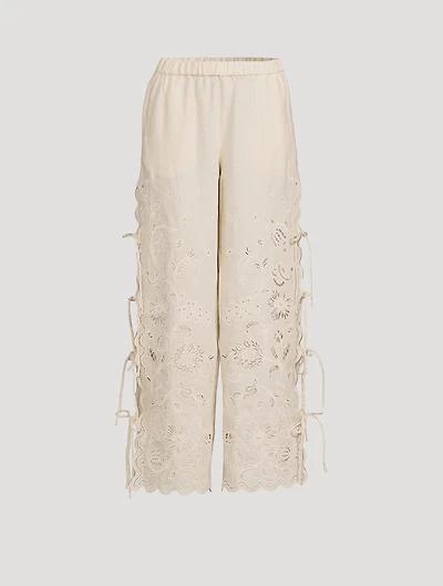 Sadie Embroidered Linen Wide-Leg Pants