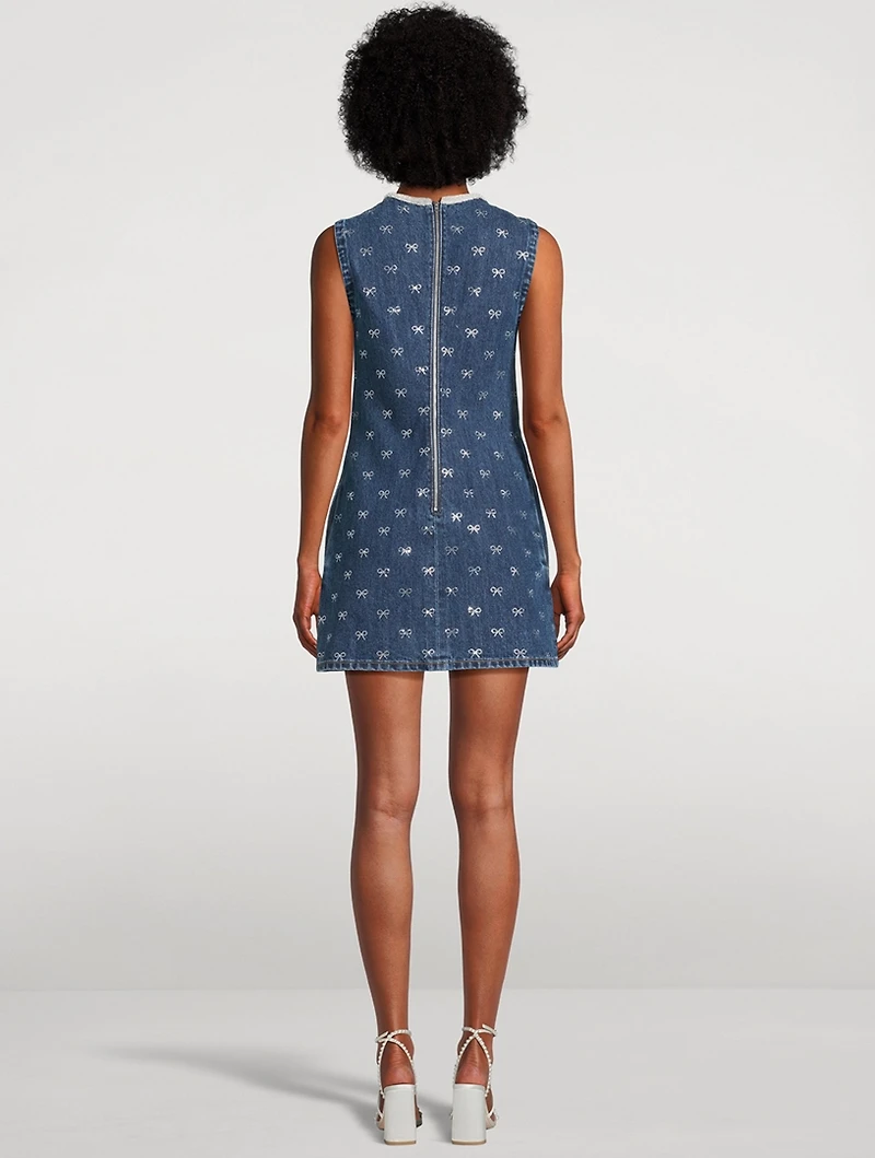 Crystal-Bow Denim Mini Dress