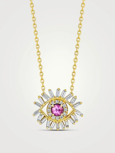 18K Gold Evil Eye Mini Pink Sapphire Pendant Necklace