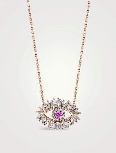 18K Rose Gold Evil Eye Midi Pink Sapphire Pendant Necklace