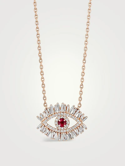 18K Rose Gold Evil Eye Midi Half Pavé Ruby Pendant Necklace