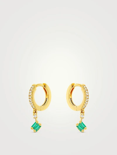 18K Gold Dangle Drop Emerald And Diamond Huggie Hoop Earrings