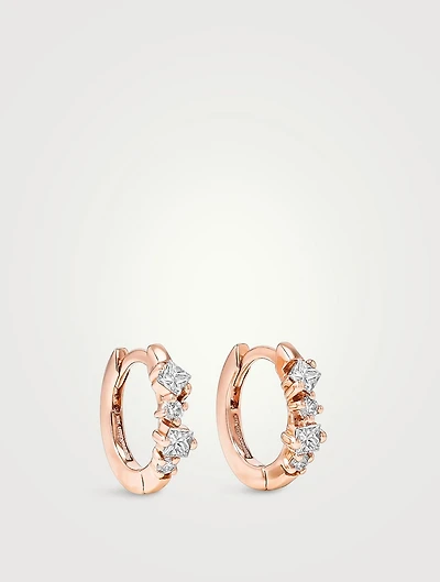 18K Rose Gold Princess Diamond Mix Huggie Hoop Earrings