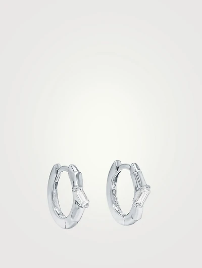 18K White Gold Bold Single Diamond Huggie Hoop Earrings