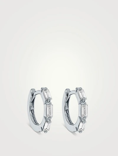 18K White Gold Bold Triple Diamond Huggie Hoop Earrings