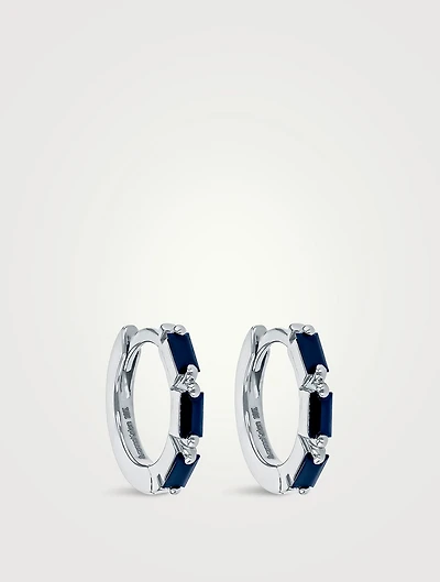 18K White Gold Bold Triple Dark Blue Sapphire Huggie Hoop Earrings