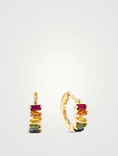 18K Gold Bold Rainbow Sapphire Huggie Hoop Earrings