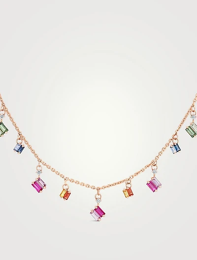 18K Rose Gold Bold Rainbow Sapphire Cascade Necklace