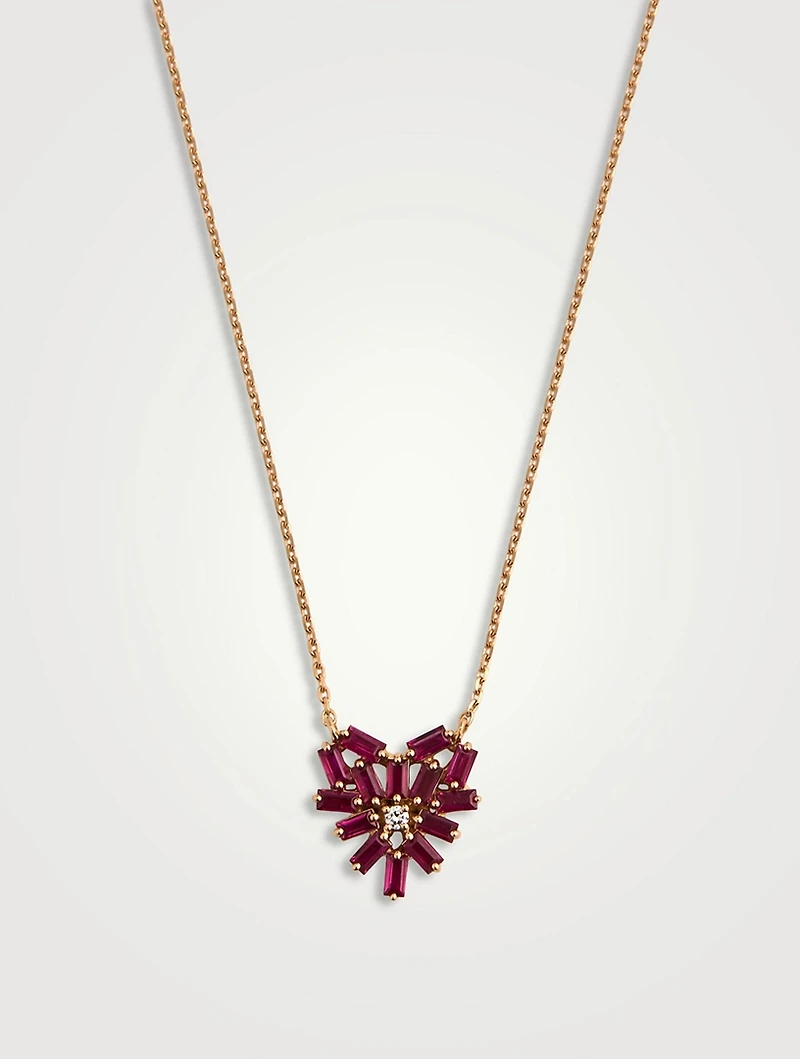 14K Rose Gold Bold Small Ruby Heart Pendant Necklace With Diamonds