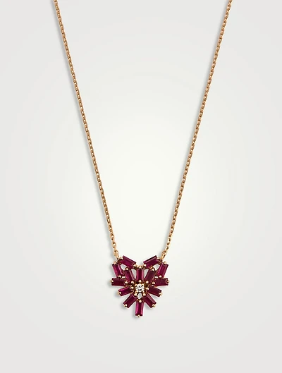 14K Rose Gold Bold Small Ruby Heart Pendant Necklace With Diamonds