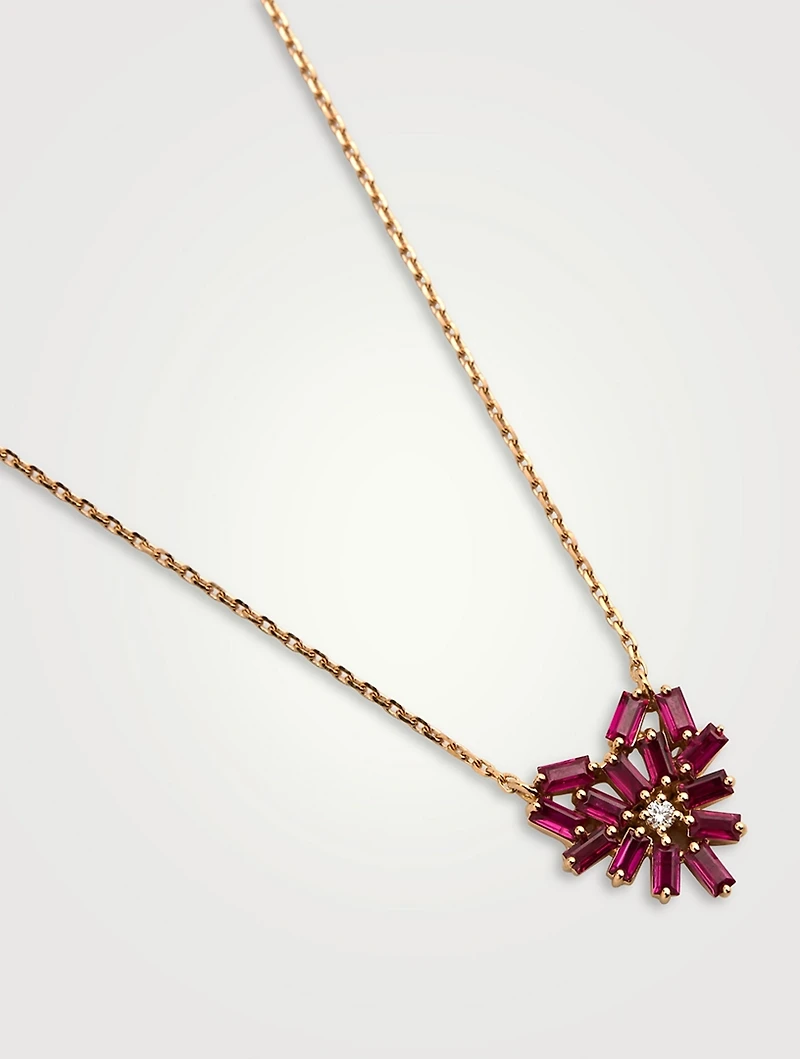 14K Rose Gold Bold Small Ruby Heart Pendant Necklace With Diamonds