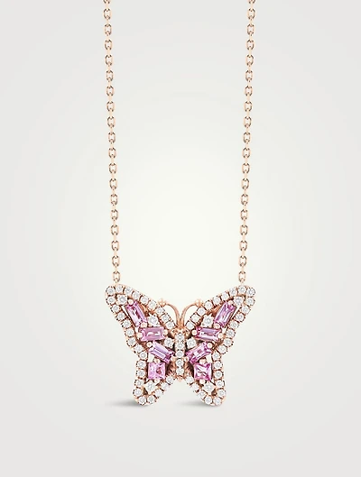 18K Rose Gold Small Bold Butterfly Pink Sapphire Pendant Necklace