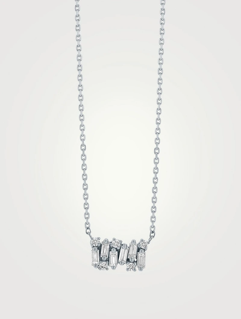 18K White Gold Shimmer Diamond Mini Bar Pendant Necklace